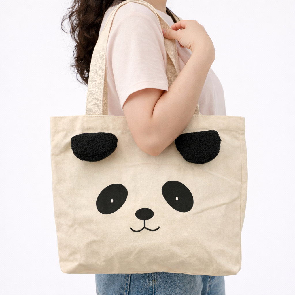 Panda Canvas Tote Bag with Plush Ears